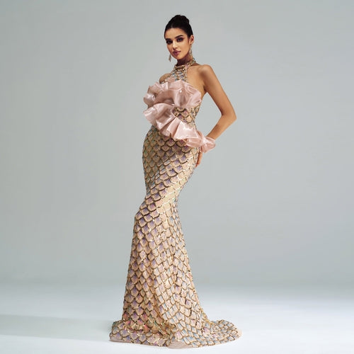 “Champagne Glam” Halter Mermaid Dress – Luxury for Elite Occasions