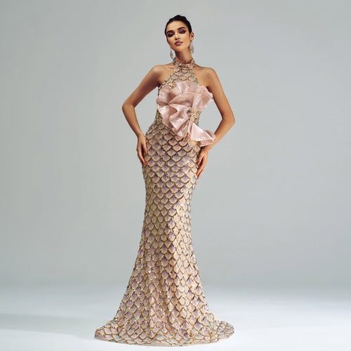 “Champagne Glam” Halter Mermaid Dress – Luxury for Elite Occasions