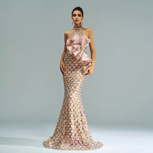 “Champagne Glam” Halter Mermaid Dress – Luxury for Elite Occasions