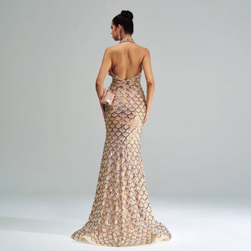 “Champagne Glam” Halter Mermaid Dress – Luxury for Elite Occasions