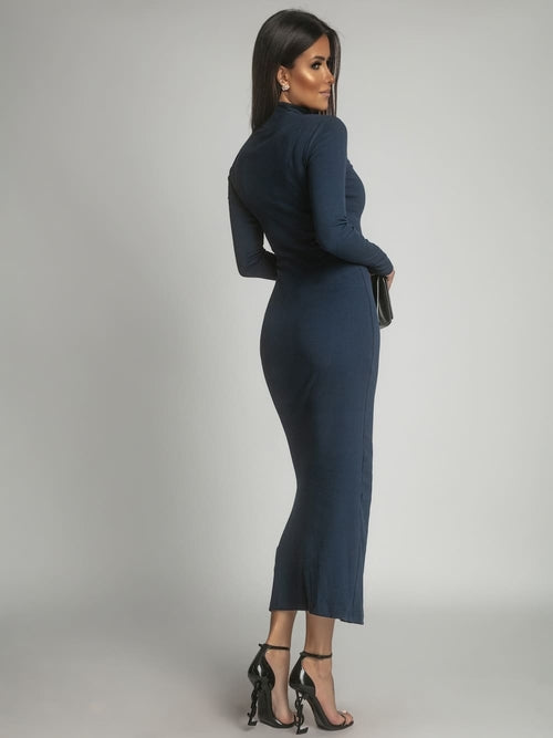 Cotton fitted maxi dress with a turtleneck, navy blue FG680